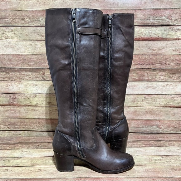 Frye Brown Leather Malorie Tall Heeled Boots - Picture 3 of 11